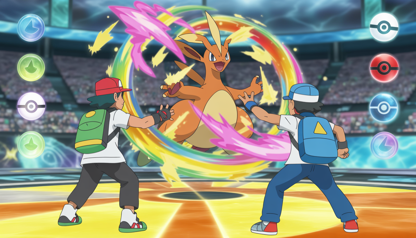 Deux dresseurs Pokémon dans une arène vibrante, un Pokémon légendaire lumineux lançant une attaque énergétique spectaculaire avec des effets magiques colorés