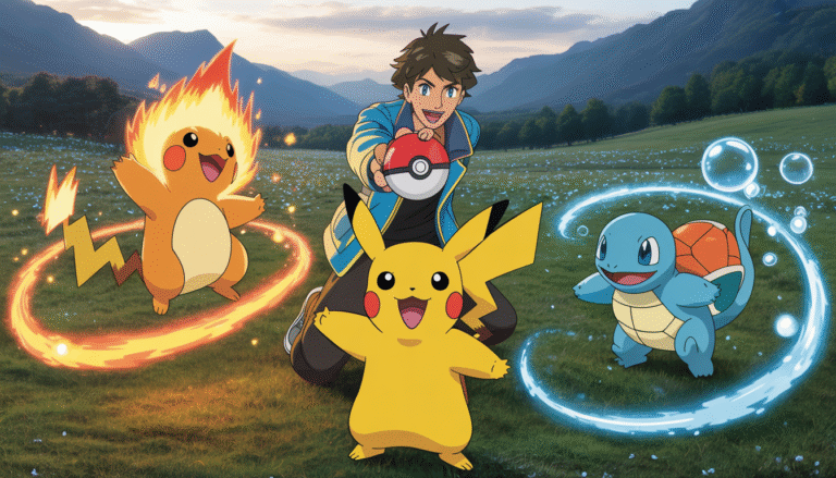 Trainer with tousled hair in bright jacket throwing a Poké Ball surrounded by Pikachu, Charmander, and Squirtle in a glowing fantasy landscape