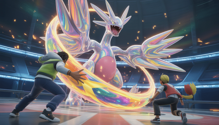 Un Pokémon VMAX majestueux lançant une attaque énergétique colorée dans une arène de combat vibrante avec deux dresseurs