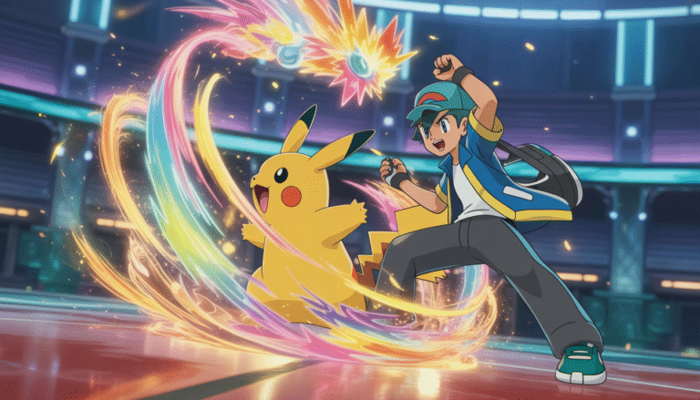 Pokémon trainer executing a powerful move with iconic Pokémon surrounded by colorful energy bursts in a vibrant mystical arena