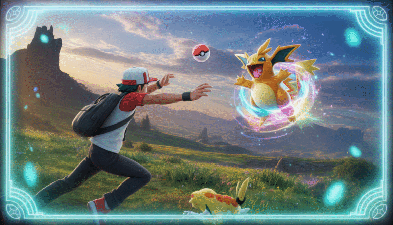 Pokémon trainer throwing a glowing Poké Ball at a legendary Pokémon with colorful aura in a vibrant fantasy landscape