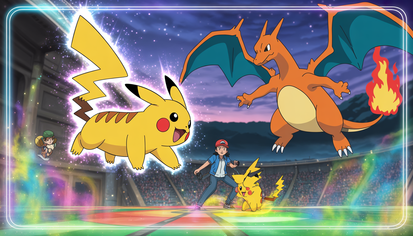 Scène de bataille dynamique avec Pikachu électrique et Charizard aux ailes enflammées sous un ciel étoilé