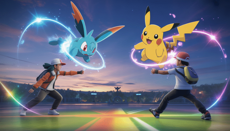 Deux dresseurs Pokémon lançant des Pokémon emblématiques dans une arène colorée avec effets magiques et auréoles énergétiques