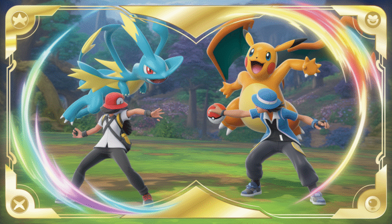 Deux dresseurs Pokémon en pleine bataille dynamique dans une arène forestière magique, entourés d'effets lumineux colorés et cadre holographique doré