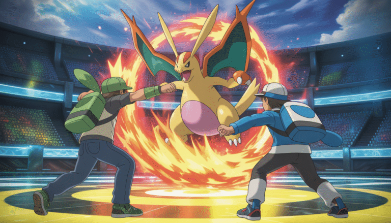 Deux dresseurs s'affrontent dans une arène lumineuse avec un Pokémon légendaire lançant une attaque magique spectaculaire