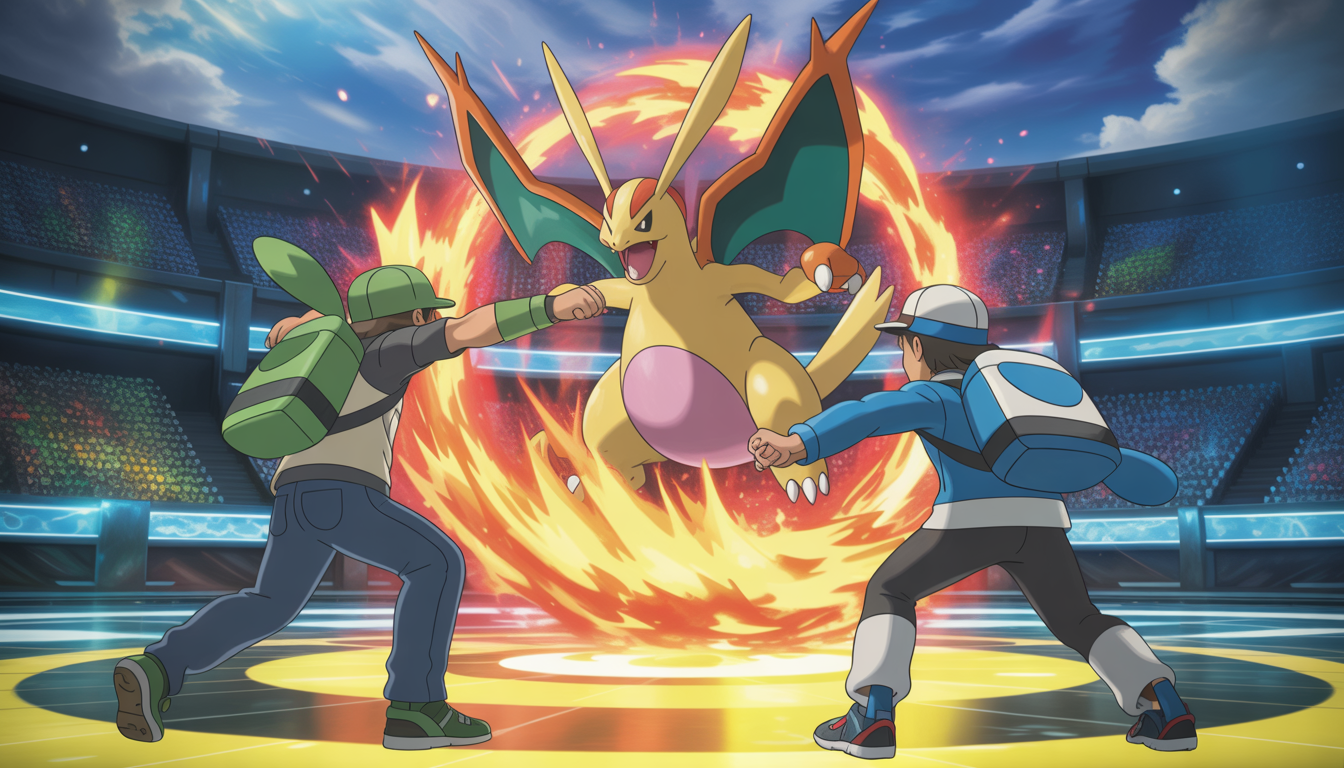 Deux dresseurs s'affrontent dans une arène lumineuse avec un Pokémon légendaire lançant une attaque magique spectaculaire