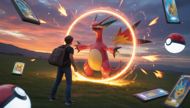 A brave trainer confronting a legendary Pokémon with glowing aura, magical particles, floating Poké Balls and cards against a vivid sunset sky