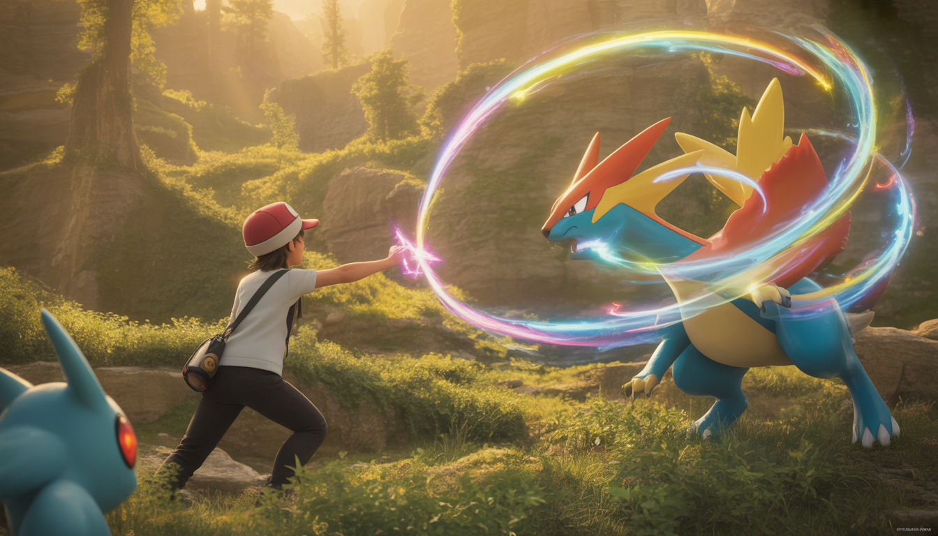 Jeune dresseur Pokémon affrontant un légendaire dans une forêt magique