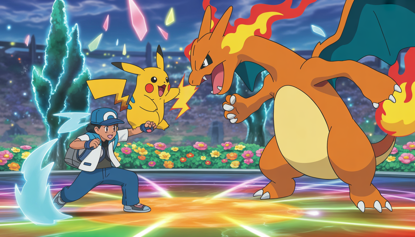 Deux dresseurs Pokémon en plein combat avec Pikachu lançant des éclairs et Dracaufeu soufflant des flammes dans une arène colorée avec arbres lumineux et fleurs vibrantes