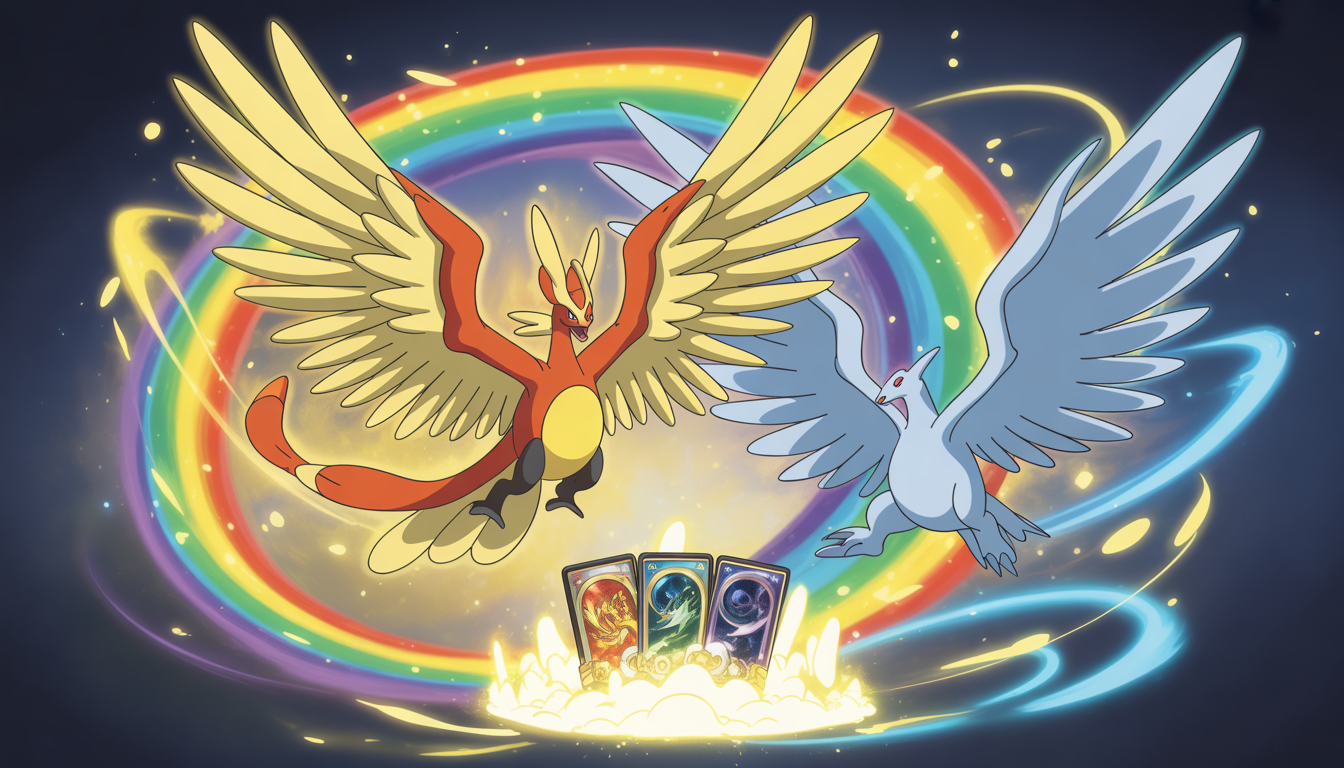 Illustration numérique de Ho-Oh et Lugia avec ailes déployées entourés de particules magiques colorées autour d'un autel lumineux de cartes TCG