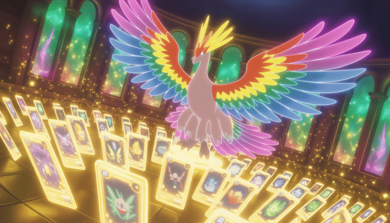 Ho-Oh et Lugia majestueux émergeant de cartes brillantes dans une salle dorée aux reflets arc-en-ciel