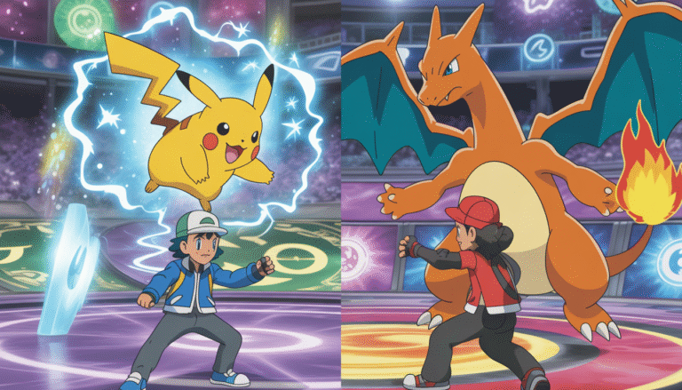 Deux dresseurs Pokémon combattant, Pikachu lançant une attaque éclair et Charizard préparant un lance-flammes dans une arène colorée fantastique