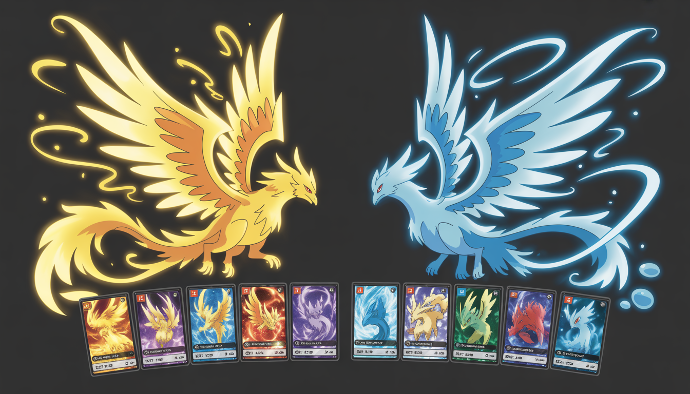 Illustration fantasy d’un phénix légendaire et d’un dragon aux ailes éthérées, avec des couleurs dorées vives et bleu océan, entourés de lumières magiques tourbillonnantes