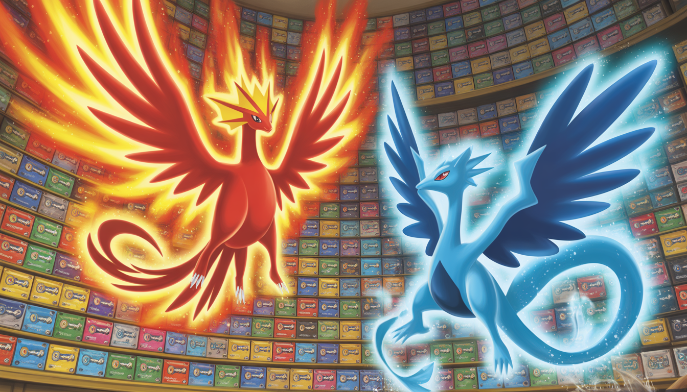 Cartes Ho-Oh ex et Lugia ex flottant dans une pièce dorée avec flammes orange et rouges et reflets bleus glacés