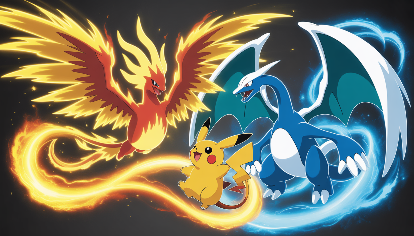 Ho-Oh-ex aux ailes en flammes, Lugia-ex lumineux entouré de Pikachu dorés et Charizard ex emblématique avec effets magiques vibrants