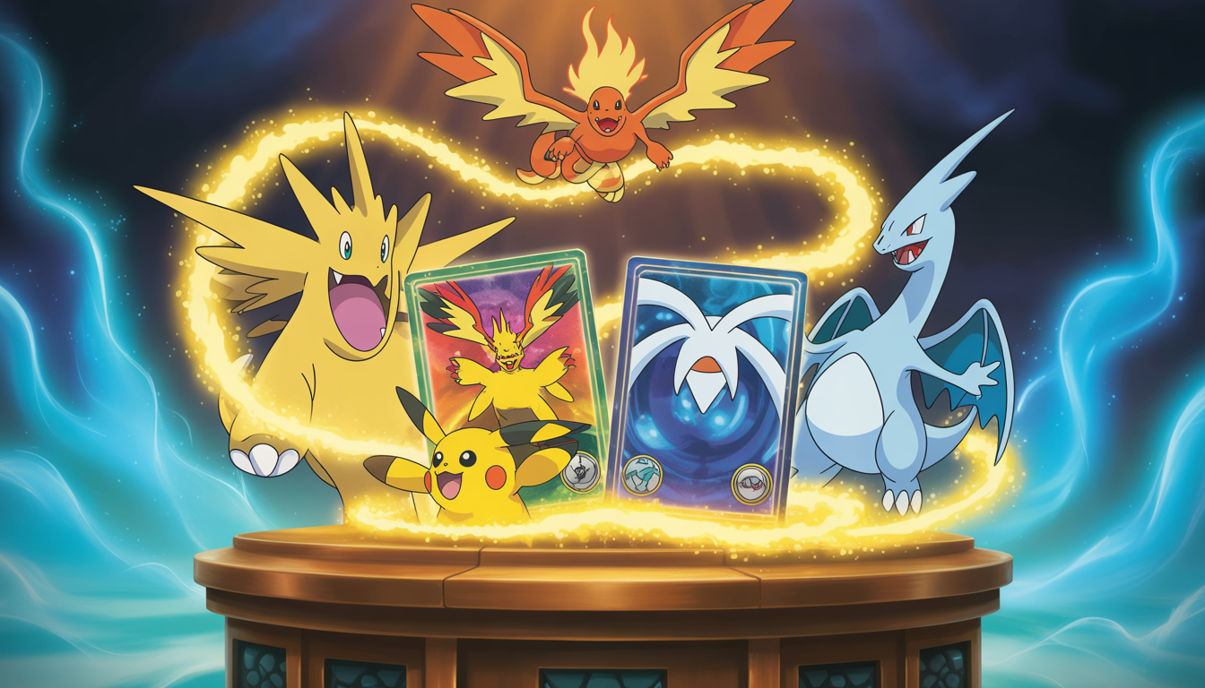 Cartes légendaires de Pokémon Ho-Oh et Lugia sur un autel en bois, entourées de Pikachu et Dracaufeu avec des particules magiques dorées et bleues
