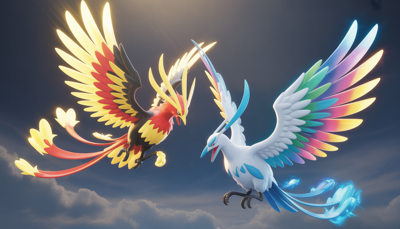 Illustration digitale de Ho-Oh EX et Lugia EX aux plumes magiques flottantes avec effets lumineux