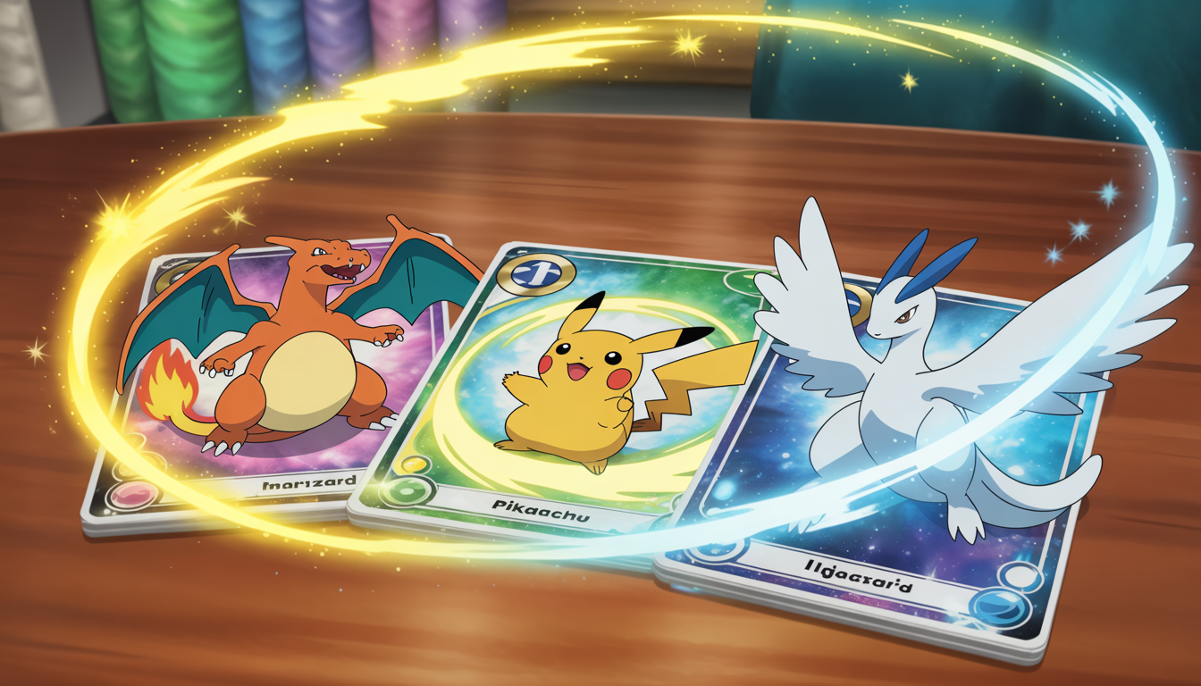Collection de cartes Pokémon avec Charizard, Pikachu et Lugia sur table en bois, effets lumineux dorés et azur