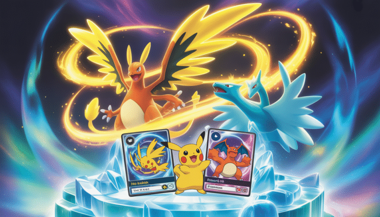 Illustration fantasy de cartes Ho-Oh ex et Lugia ex entourées de Pikachu dynamique et Dracaufeu, effets lumineux magiques dorés et bleus cosmiques