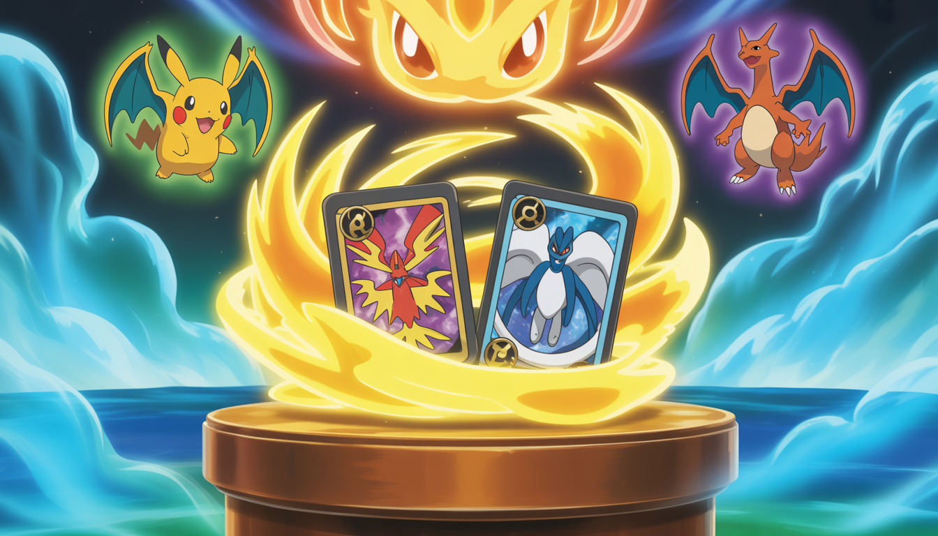 Cartes Ho-Oh et Lugia Pokémon-ex lumineuses sur un autel en bois avec des tourbillons magiques dorés et bleus, hologrammes de Pikachu et Charizard flottants