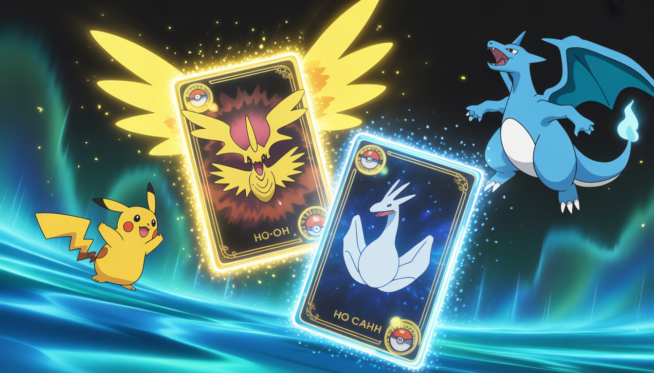 Cartes Pokémon Ho-Oh et Lugia brillantes avec effets lumineux dorés et bleus, Pikachu et Dracaufeu holographiques flottant autour