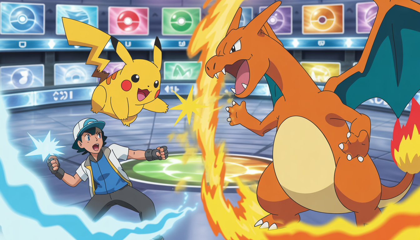 Deux dresseurs Pokémon en combat intense, Pikachu lançant une attaque Tonnerre et Dracaufeu crachant des flammes dans une arène lumineuse