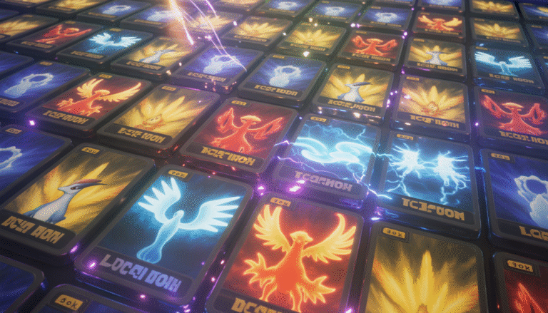 Glowing Pokémon cards featuring Lugia and Ho-Oh with blue, red, and gold lights and magical sparkling effects