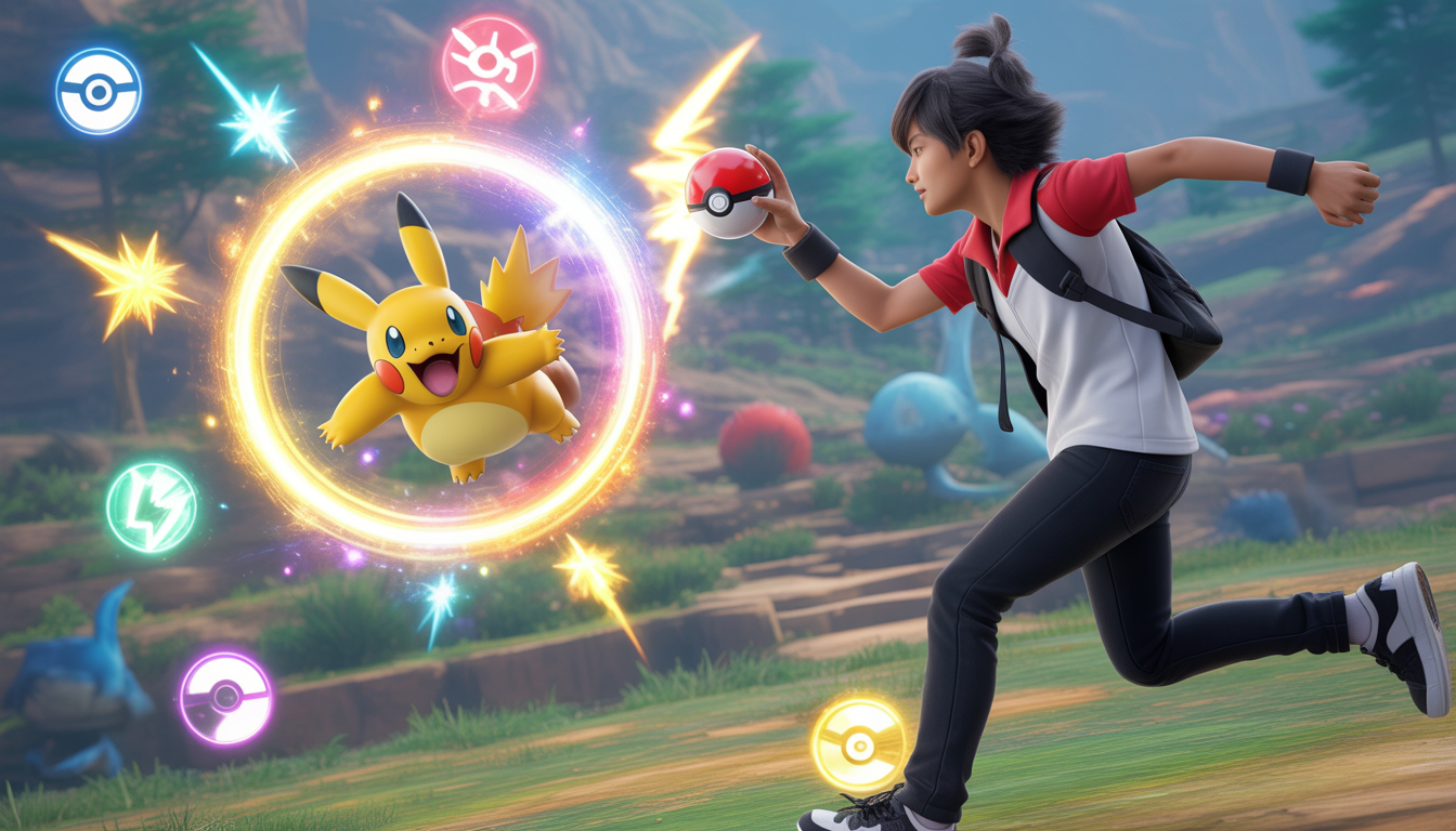 Un dresseur Pokémon lançant une Pokéball étincelante vers un Pokémon légendaire flottant dans un cercle d'énergie lumineux avec des effets magiques colorés