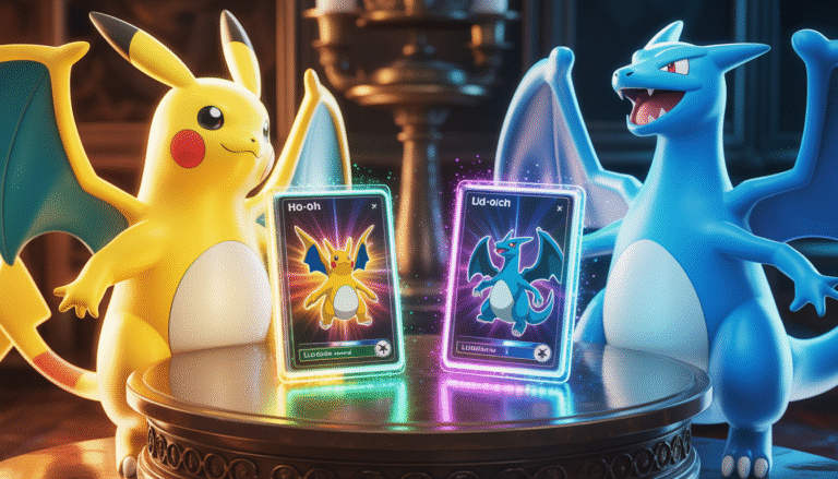 Cartes Ho-Oh-ex et Lugia-ex brillantes sur une table ancienne avec hologrammes de Pikachu et Dracaufeu
