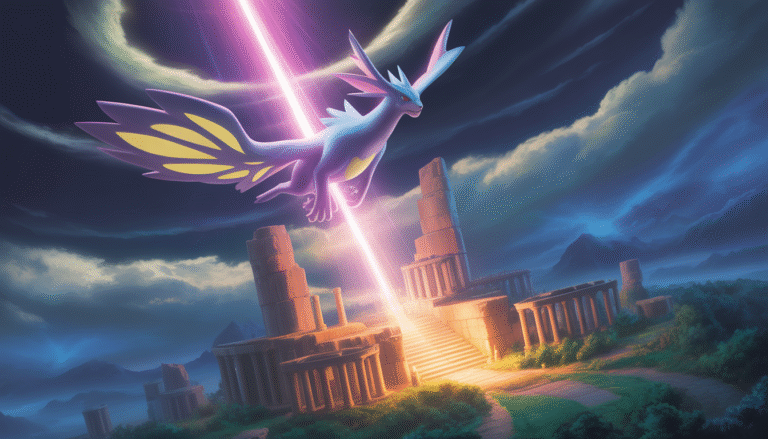 Pokémon légendaire mystique survolant des ruines anciennes illuminées avec des effets lumineux magiques