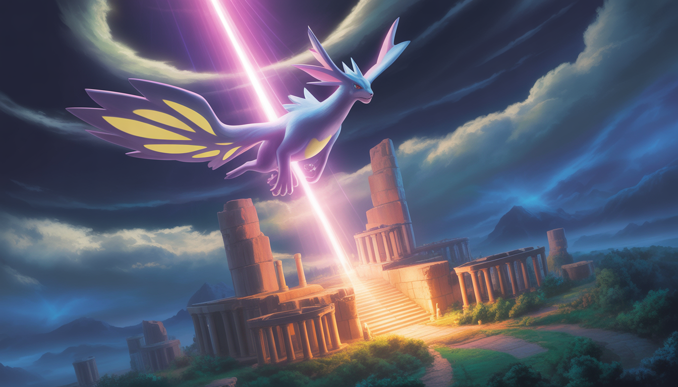 Pokémon légendaire mystique survolant des ruines anciennes illuminées avec des effets lumineux magiques