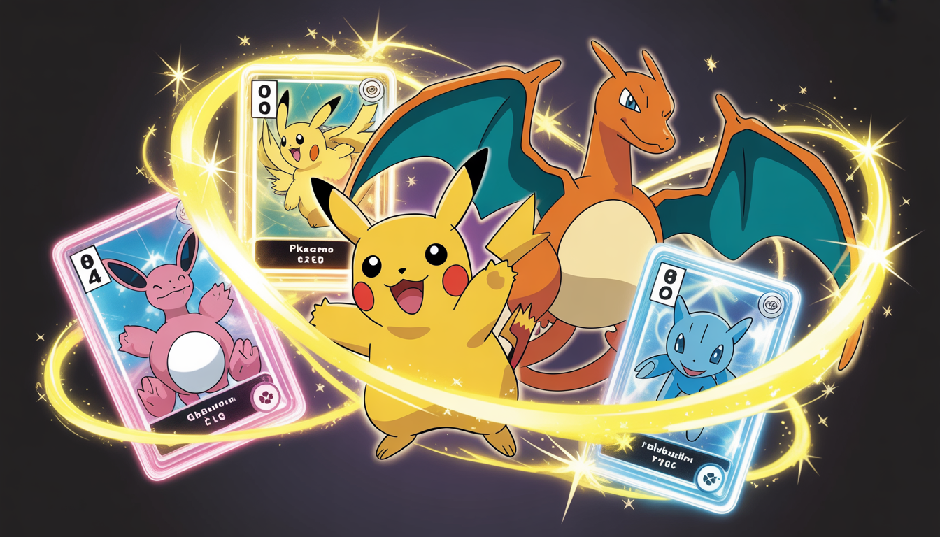 Cartes Pokémon flottantes de Pikachu, Charizard et Mew avec effets magiques scintillants et lumières vibrantes