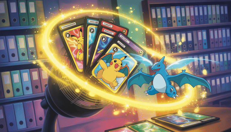 Chambre vibrante illuminée de halos dorés et bleus électriques, cartes Pokémon Charizard, Pikachu et Lugia en éventail avec binders en arrière-plan