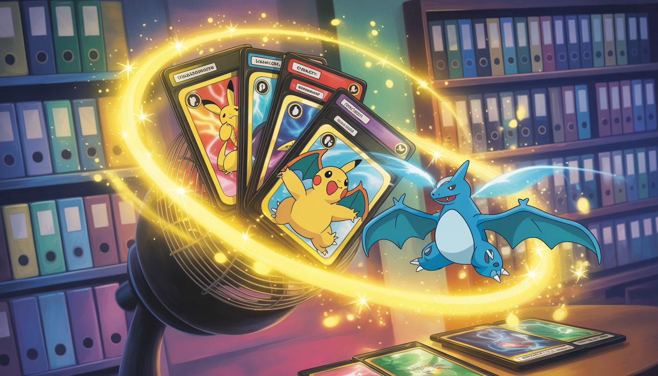 Chambre vibrante illuminée de halos dorés et bleus électriques, cartes Pokémon Charizard, Pikachu et Lugia en éventail avec binders en arrière-plan