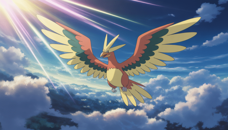 Légendaire oiseau majestueux Pokémon planant au-dessus de nuages mystiques avec effets lumineux magiques