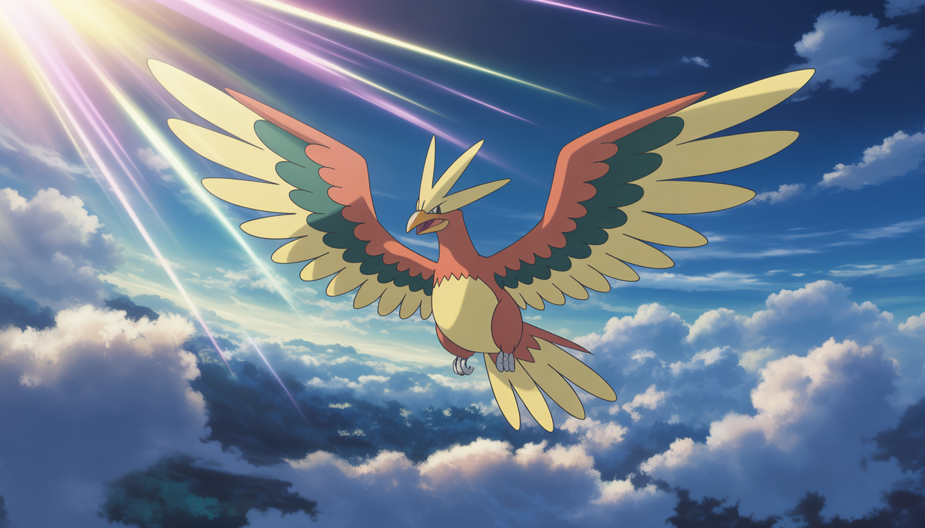 Légendaire oiseau majestueux Pokémon planant au-dessus de nuages mystiques avec effets lumineux magiques