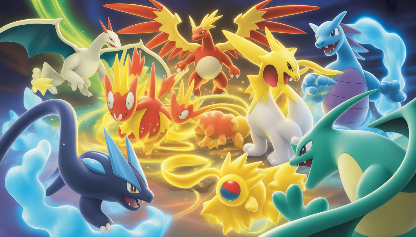 Collection éclatante de cartes Pokémon TCG mettant en vedette Ho-Oh ex et Lugia ex avec Charizard ex dans des auras mystiques