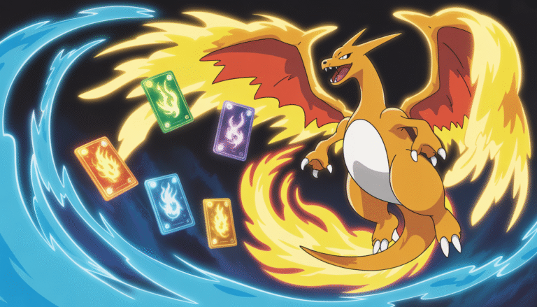 Illustration digitale de Pokémon légendaires avec flammes dorées et vents bleus tourbillonnants