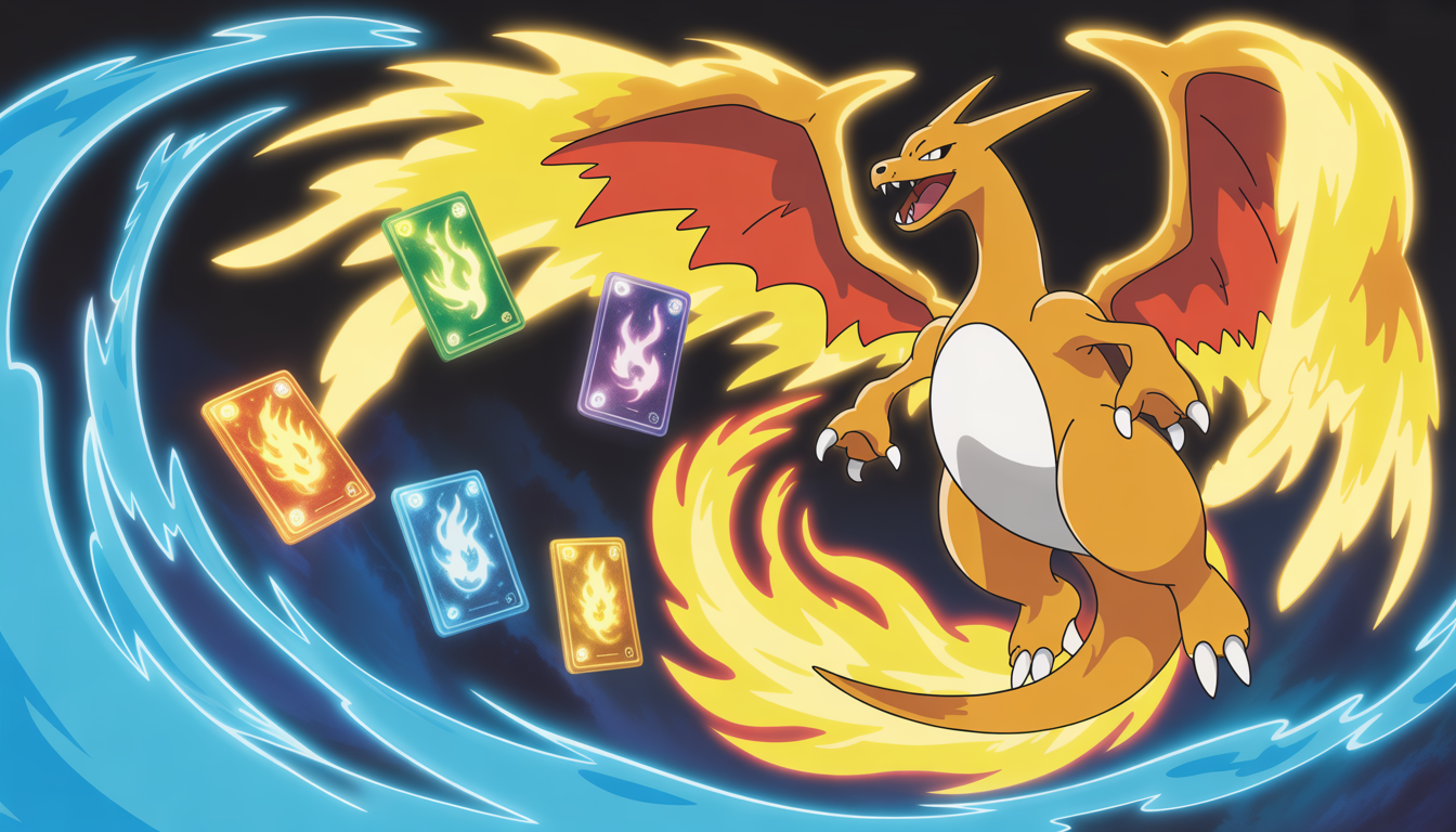 Illustration digitale de Pokémon légendaires avec flammes dorées et vents bleus tourbillonnants