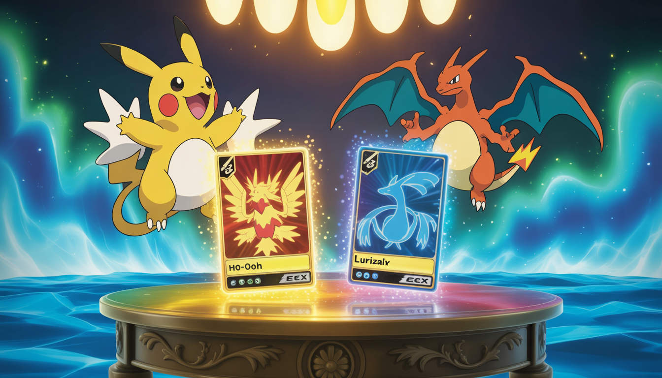 Cartes Ho-Oh-ex et Lugia-ex brillantes sur table ancienne avec Pikachu et Dracaufeu holographiques