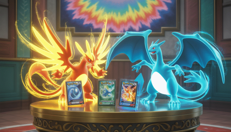 Cartes Pokémon Ho-Oh ex et Lugia ex avec effets magiques dorés et bleus, Charizard ex holographique au centre sur une table ancienne