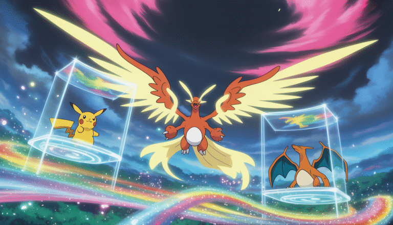 Ho-Oh EX et Lugia EX aux ailes célestes lumineuses entourés d'étagères holographiques avec Pikachu et Dracaufeu sous un ciel orageux aux lumières arc-en-ciel