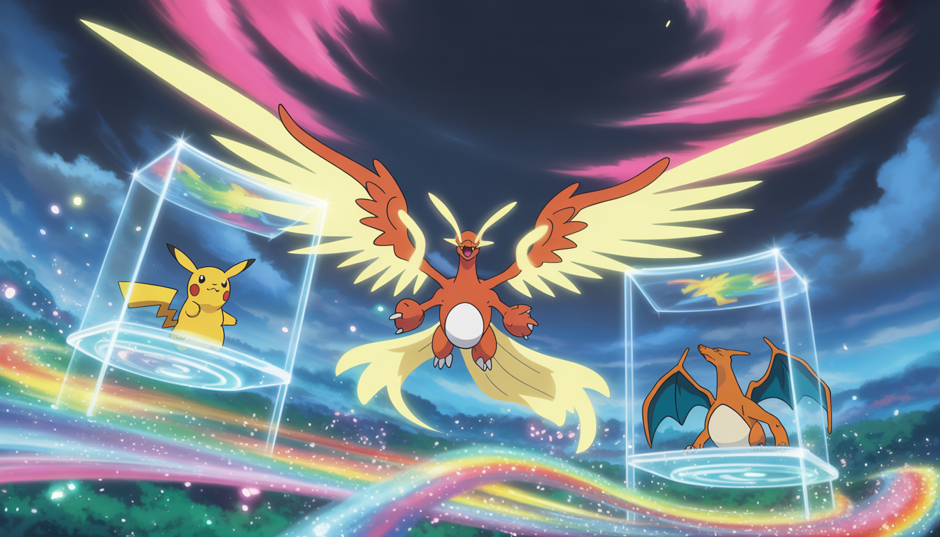 Ho-Oh EX et Lugia EX aux ailes célestes lumineuses entourés d'étagères holographiques avec Pikachu et Dracaufeu sous un ciel orageux aux lumières arc-en-ciel