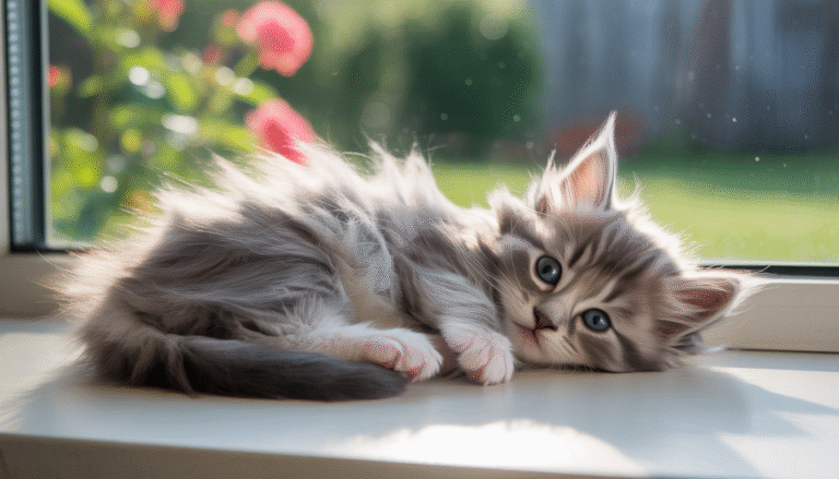 Fluffy grey kitten with bright blue eyes asleep on a window sill bathed in sunlight