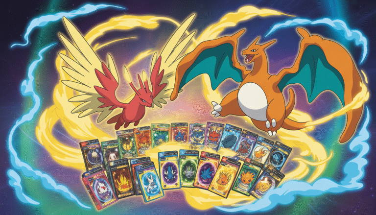 Illustration digitale Pokémon TCG avec Ho-Oh EX, Lugia EX et Charizard EX holographiques entourés de booster packs scintillants et effets magiques bleus et dorés
