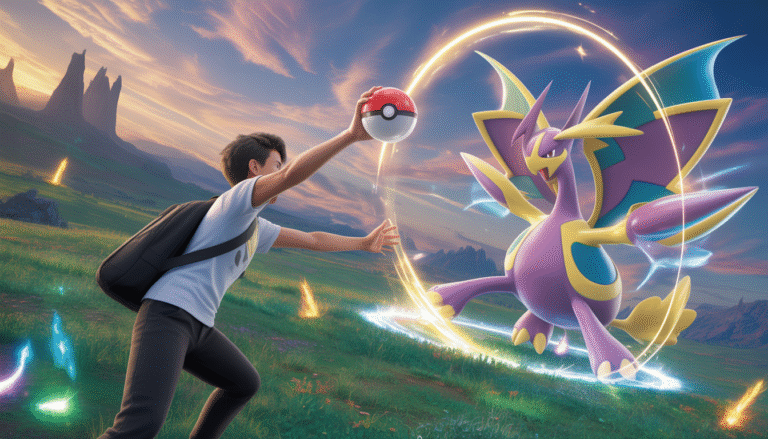 Un dresseur Pokémon lançant une Pokéball scintillante vers un Pokémon légendaire vibrant entouré d'auras lumineuses et d'effets magiques dynamiques