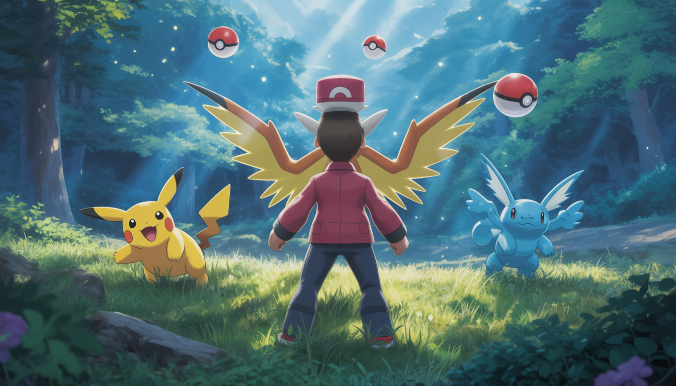 Un dresseur courageux confrontant son Pokémon légendaire dans une forêt enchantée baignée de lumière dorée, avec des Poké Balls flottantes et des particules magiques