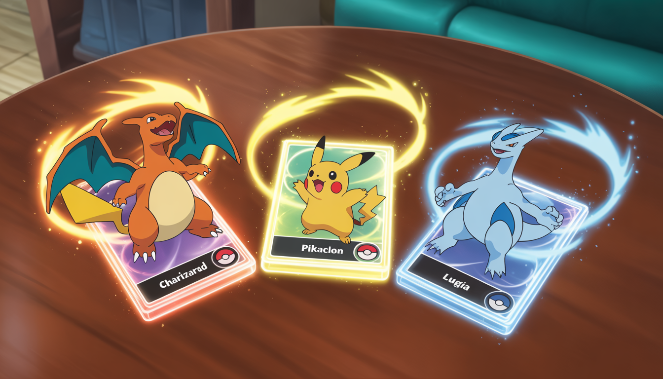 Cartes holographiques de Charizard, Pikachu et Lugia sur une table en bois avec effets lumineux et particules scintillantes