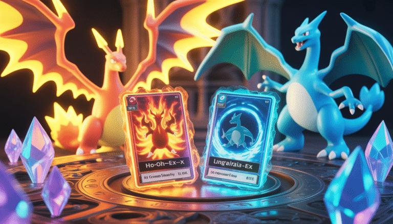 Cartes Ho-Oh-ex et Lugia-ex brillantes avec auras de feu et d'eau, entourées de Pokémon iconiques comme Charizard ex émettant des flammes holographiques