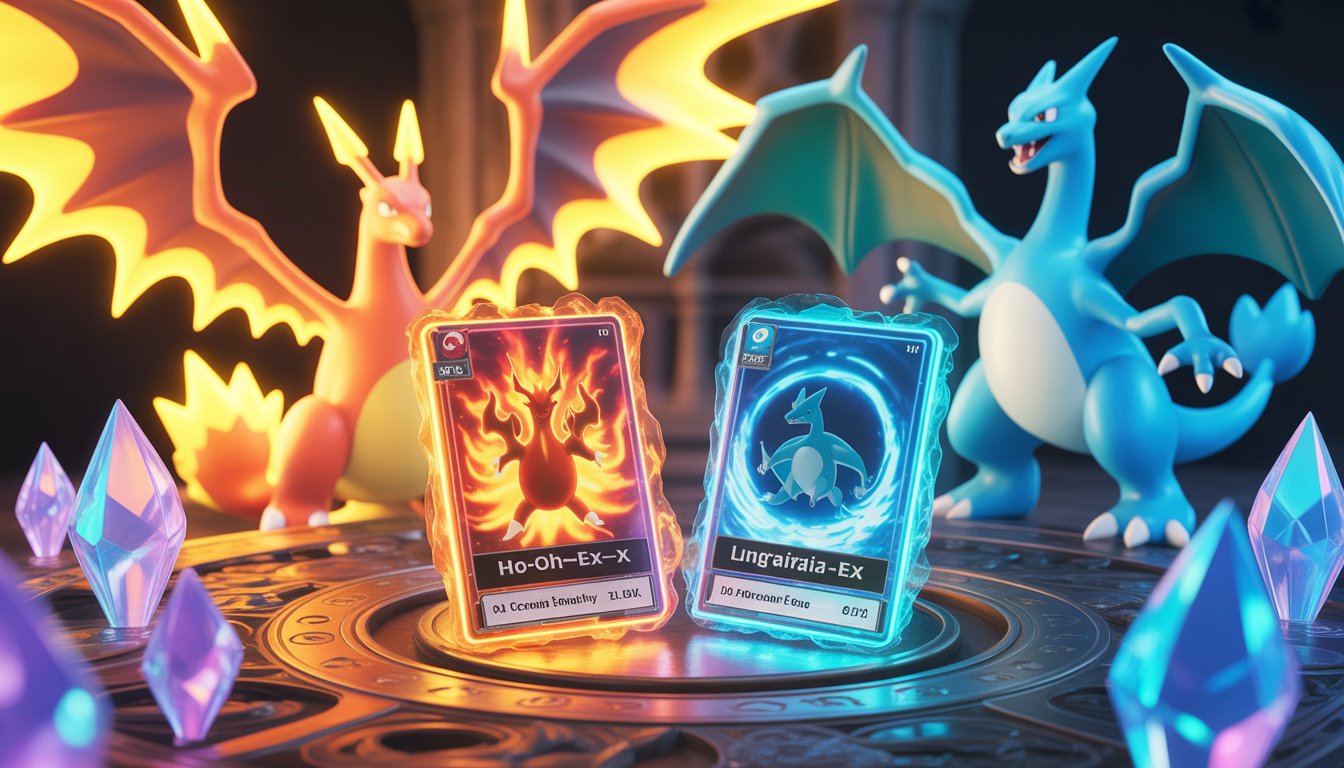 Cartes Ho-Oh-ex et Lugia-ex brillantes avec auras de feu et d'eau, entourées de Pokémon iconiques comme Charizard ex émettant des flammes holographiques